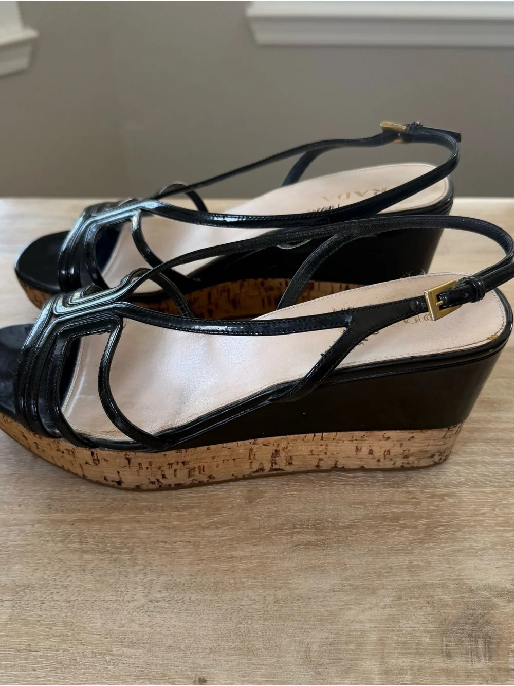 Prada Black Patent Cork Wedges